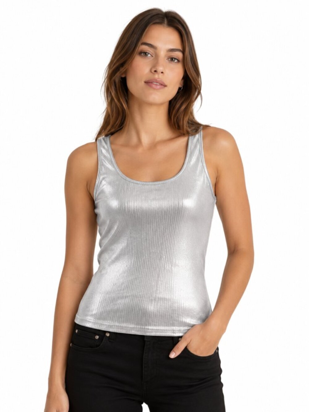 Cache Tank Top Size Small Metallic Sleeveless Front Silver Y2K Glam Date Night